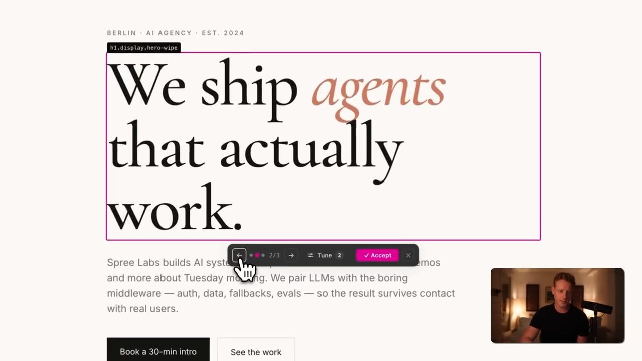 Tiêu đề We ship agents that actually work được chọn, thanh công cụ Impeccable hiện biến thể 2/3 với nút Tune và Accept