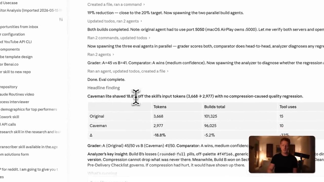 Kết quả eval của Caveman trên một skill: token giảm từ 3668 xuống 2977, bảng so sánh Original và Caveman