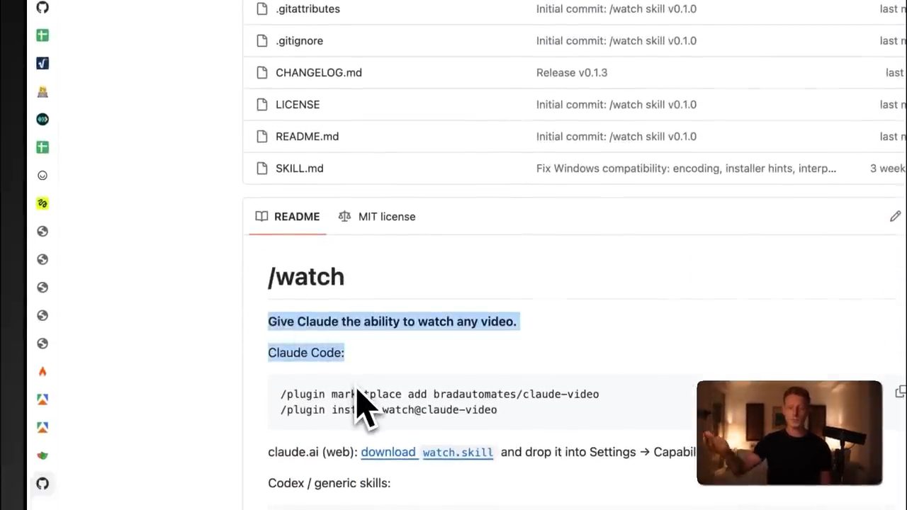 README của repo claude-video: /watch, Give Claude the ability to watch any video, kèm hai lệnh plugin cho Claude Code