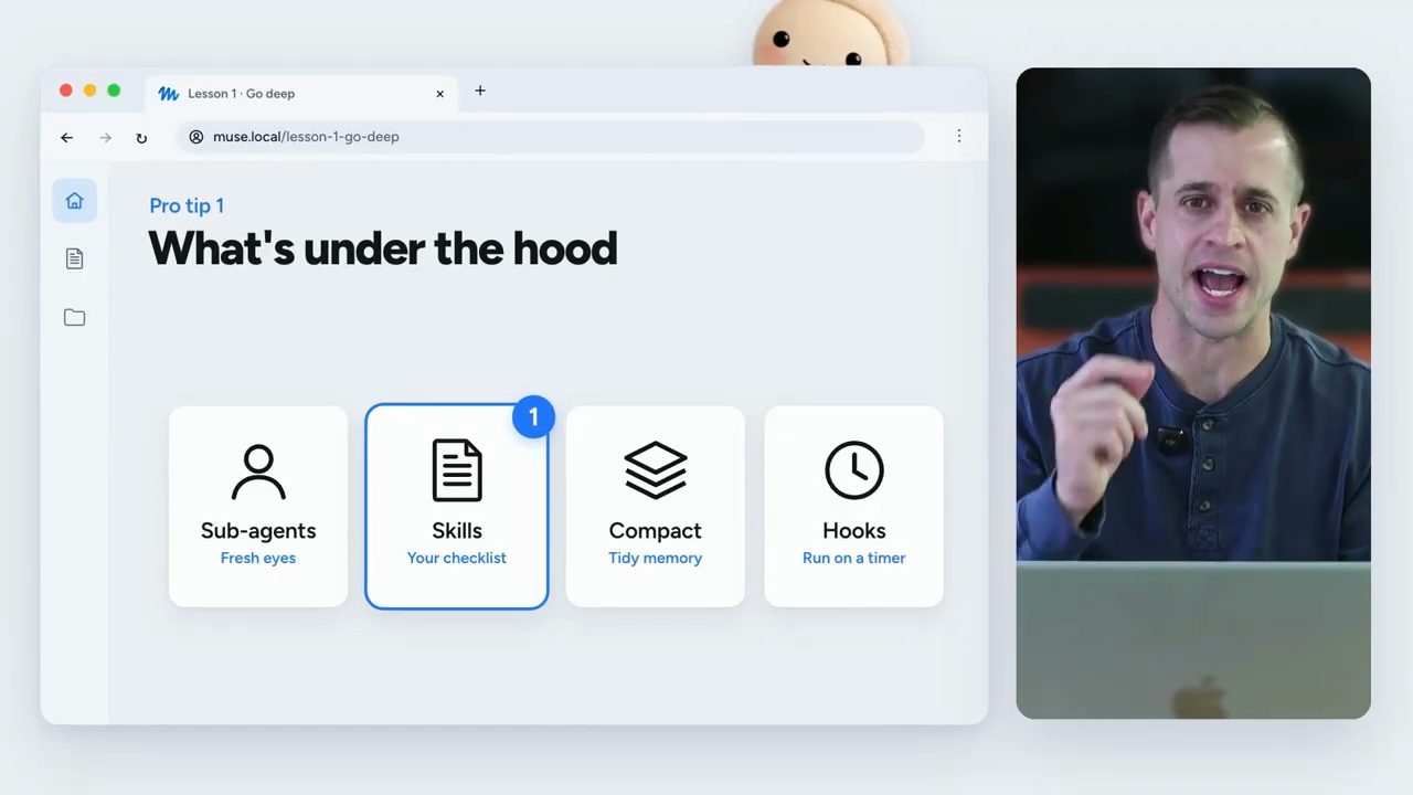 Slide Pro tip 1 What's under the hood với bốn thẻ Sub-agents, Skills, Compact, Hooks