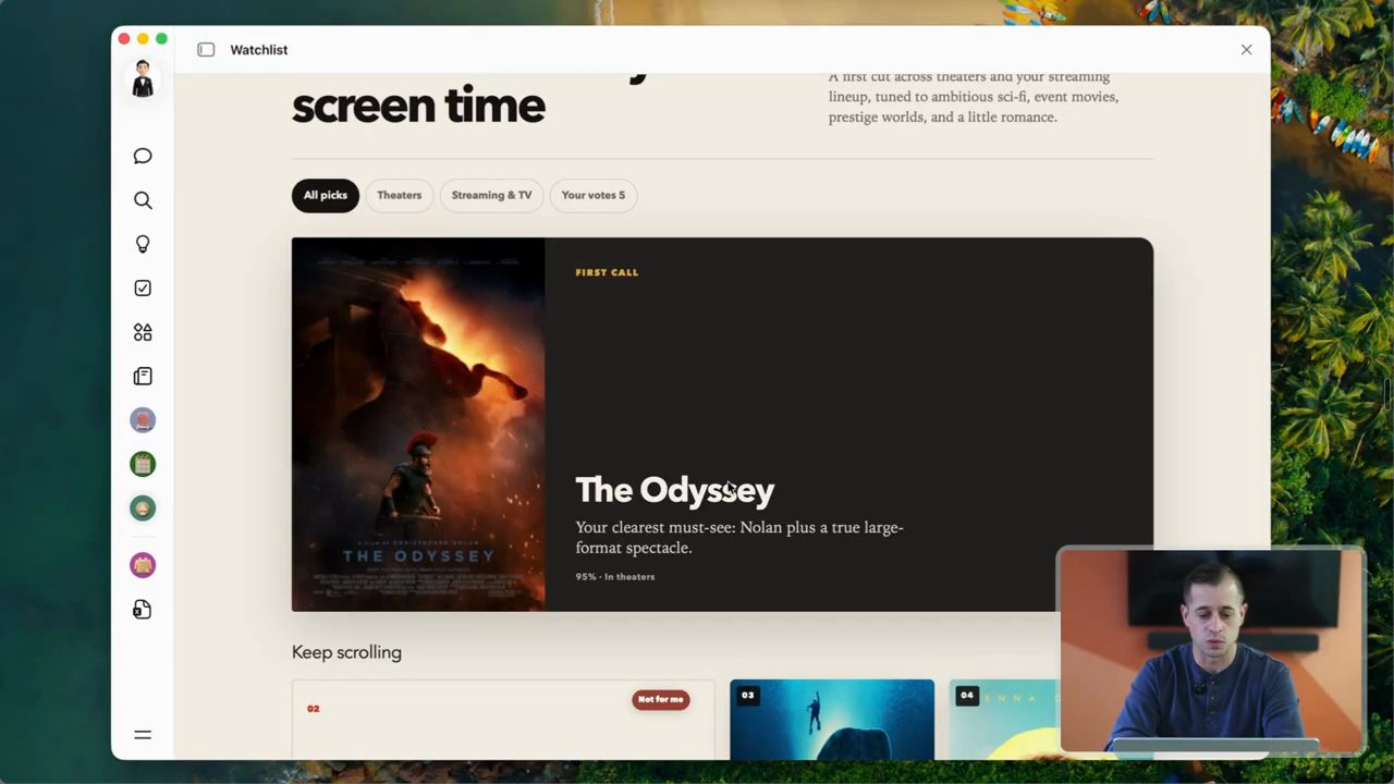 Artifact Watchlist trong Muse với các tab All picks, Theaters, Streaming và TV, thẻ lớn The Odyssey