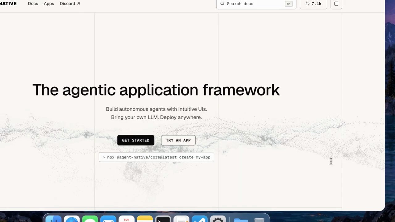 Trang chủ Agent-Native với dòng chữ The agentic application framework và lệnh npx create my-app