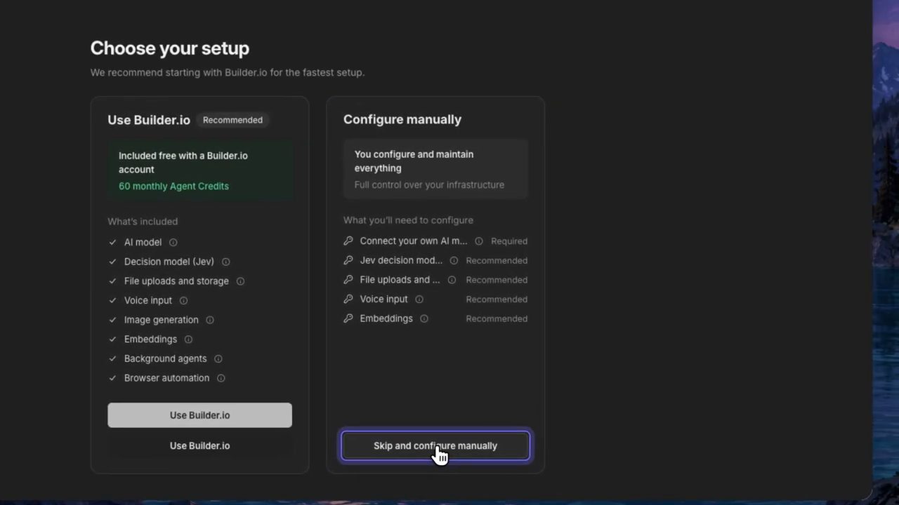 Màn hình Choose your setup với hai lựa chọn Use Builder.io và Configure manually
