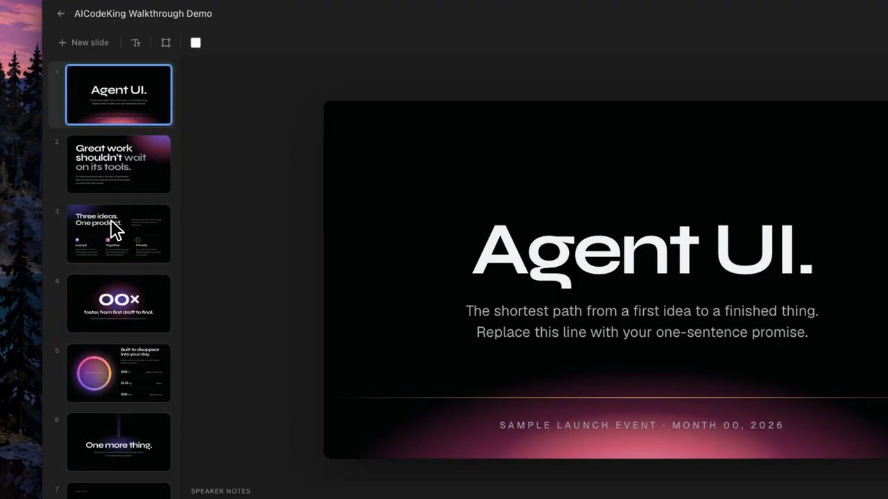 Deck AICodeKing Walkthrough Demo với slide đầu đổi thành Agent UI và film strip bên trái