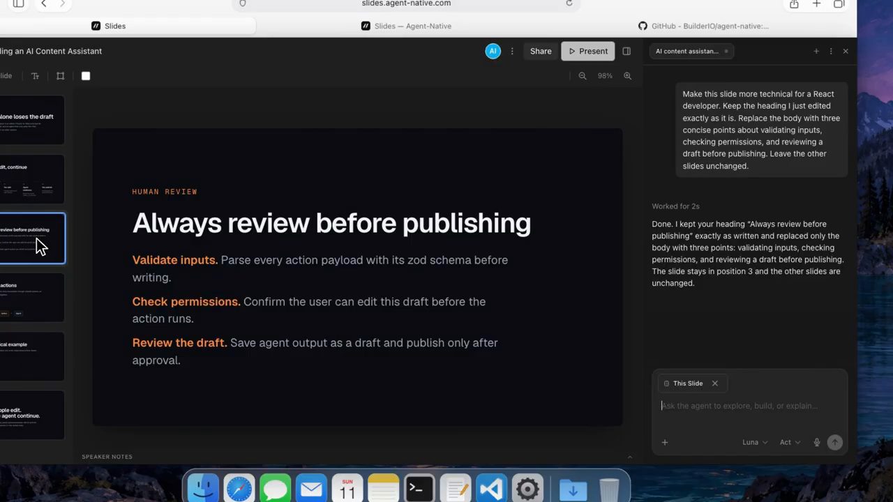Slide Always review before publishing với ba ý Validate inputs, Check permissions, Review the draft và câu trả lời của agent