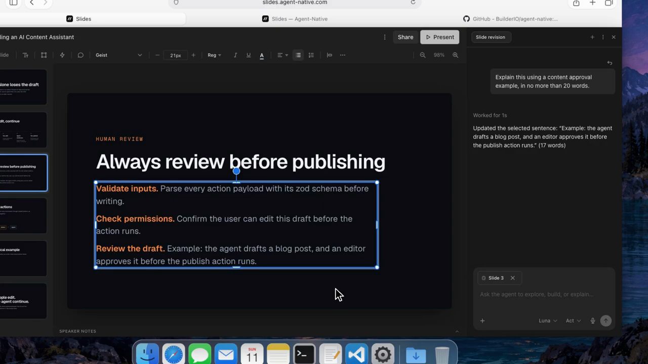 Kết quả Revise with AI: câu Review the draft được viết lại thành ví dụ agent soạn blog post và editor duyệt