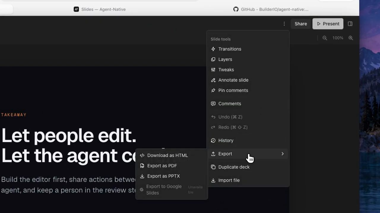 Menu Slide tools với submenu Export: Download as HTML, Export as PDF, Export as PPTX, Export to Google Slides