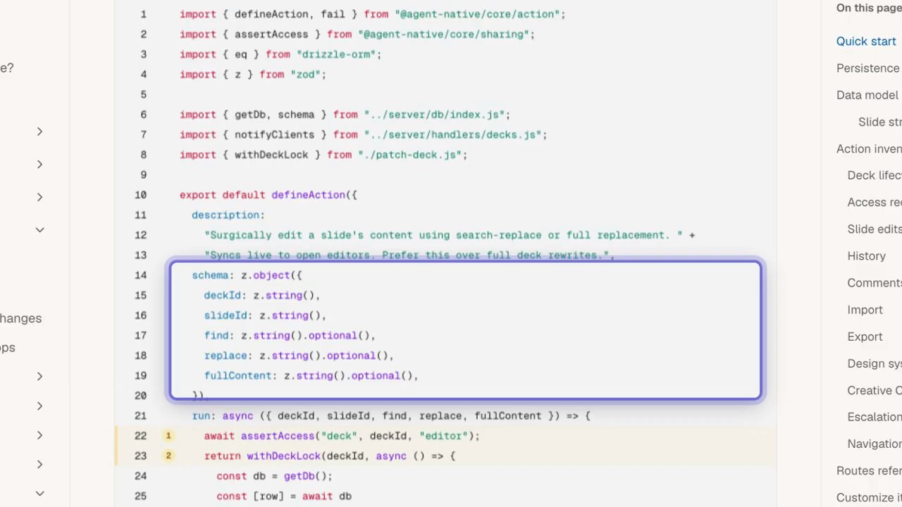 Code action update slide dùng defineAction với schema deckId, slideId, find, replace, fullContent