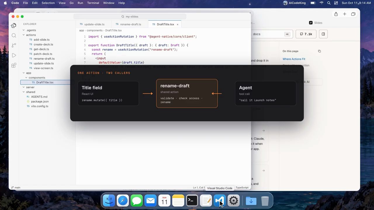 VS Code mở project my-slides với sơ đồ One action, two callers: Title field, rename-draft, Agent