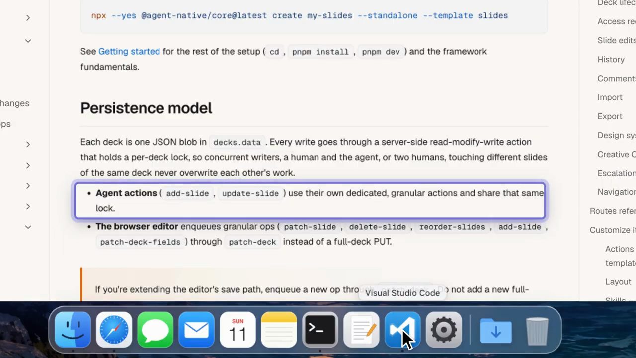 Mục Persistence model trong tài liệu Slides: mỗi deck là một JSON blob, agent actions và browser editor dùng chung khoá