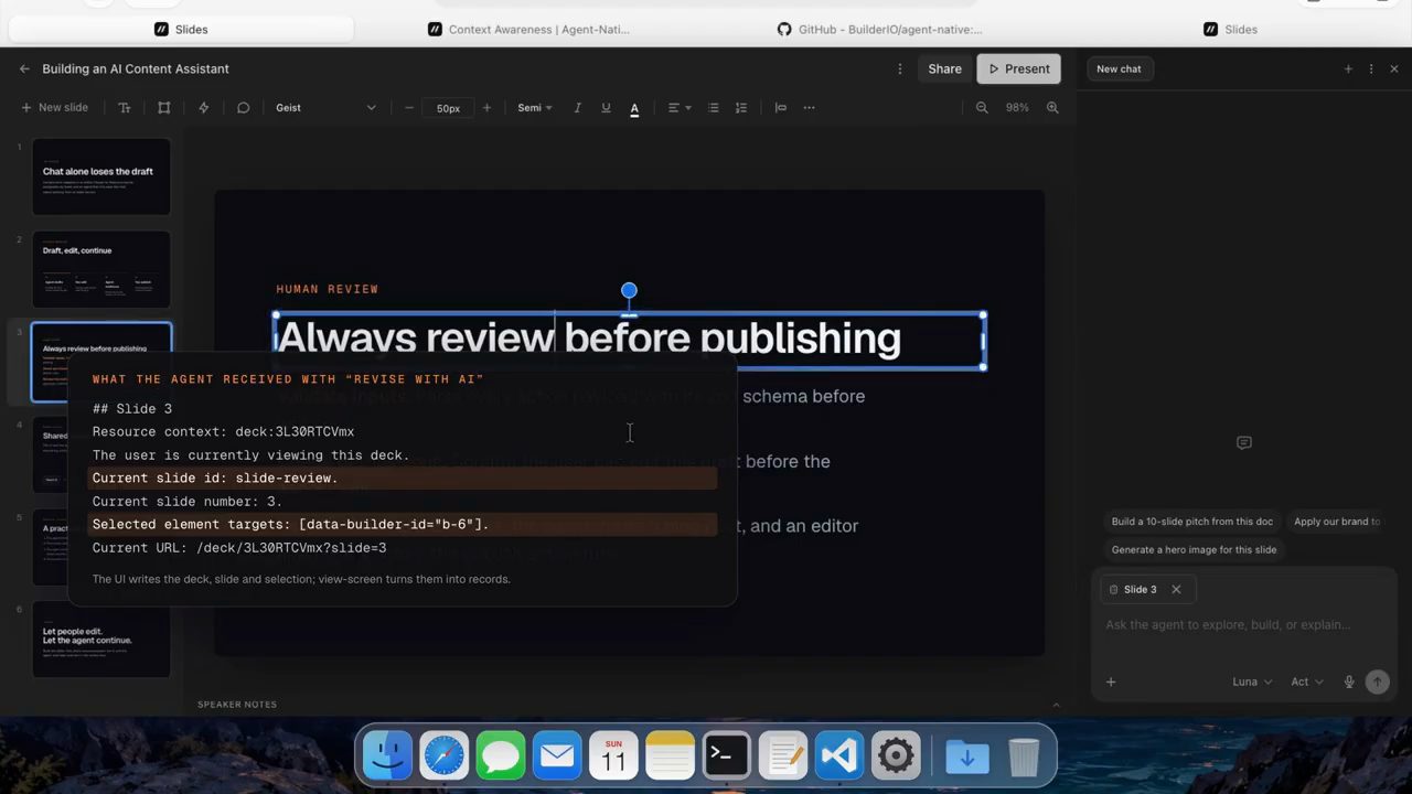 Hộp What the agent received with Revise with AI hiển thị deck, slide id, slide number, selected element và URL