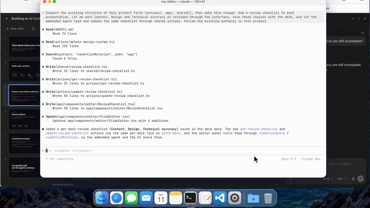 Claude Code trong terminal đọc AGENTS.md, tìm useActionMutation và ghi các file review checklist