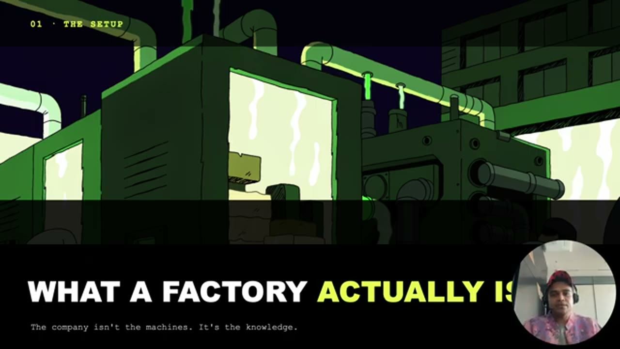Slide What a factory actually is với hình minh hoạ nhà xưởng