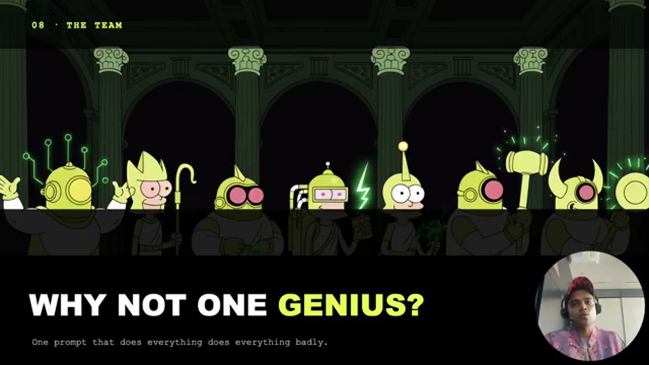 Slide Why not one genius với dàn nhân vật robot trong một đền thờ