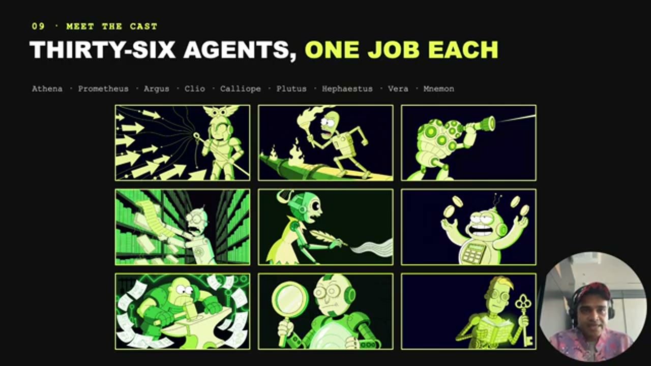 Slide Thirty-six agents, one job each với lưới chín nhân vật