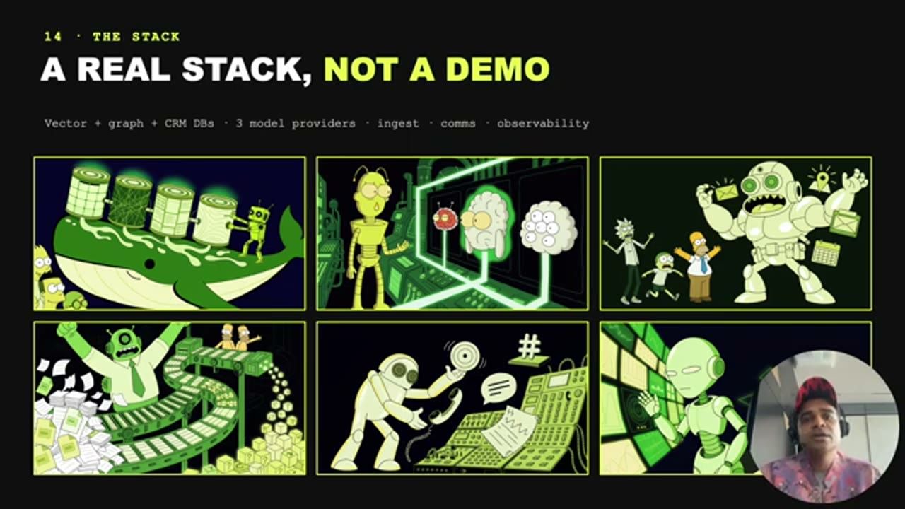 Slide A real stack, not a demo với sáu hình minh hoạ