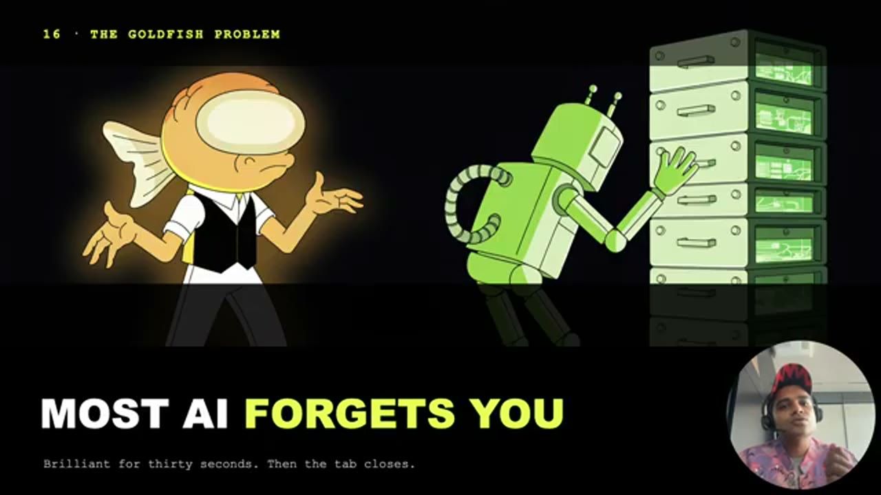 Slide Most AI forgets you với con cá vàng và robot cạnh tủ hồ sơ