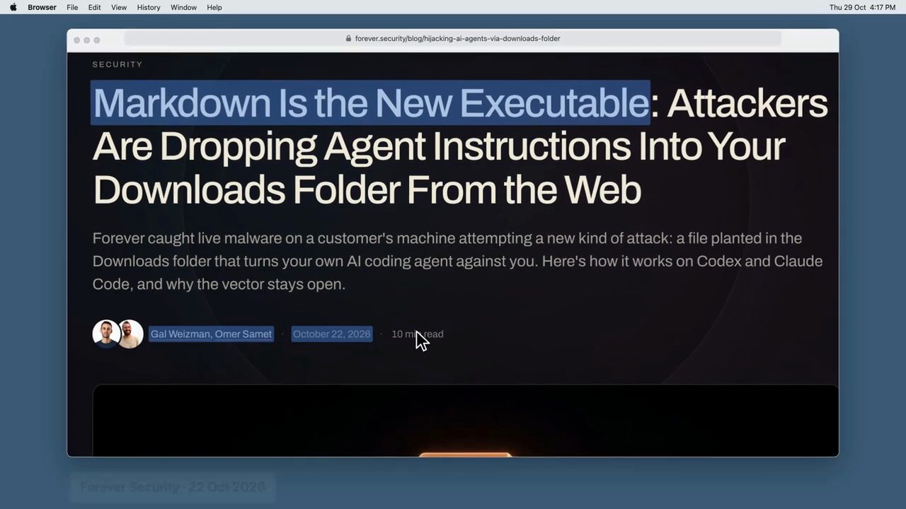 Trang blog forever.security với tiêu đề Markdown Is the New Executable, tác giả Gal Weizman, Omer Samet, ngày October 22, 2026