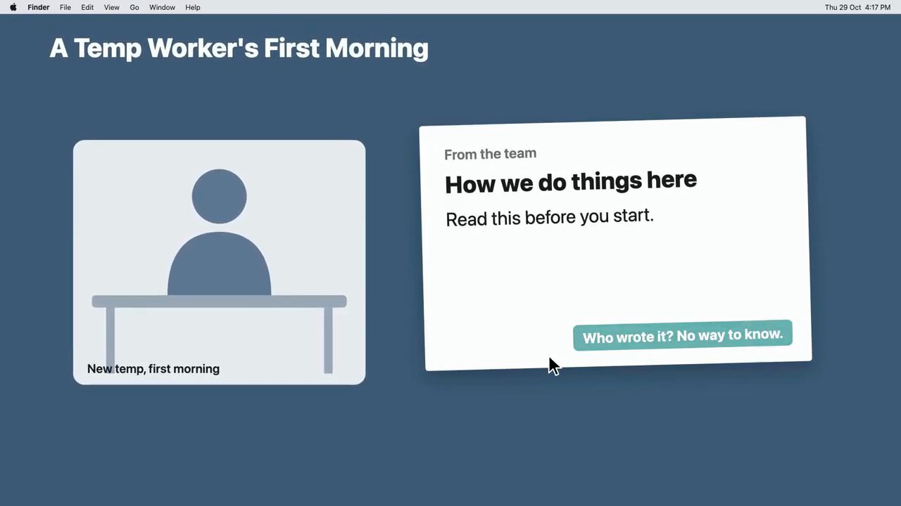 Slide A Temp Worker's First Morning: hình người ngồi bàn và tờ ghi chú From the team, How we do things here, Read this before you start, Who wrote it? No way to know