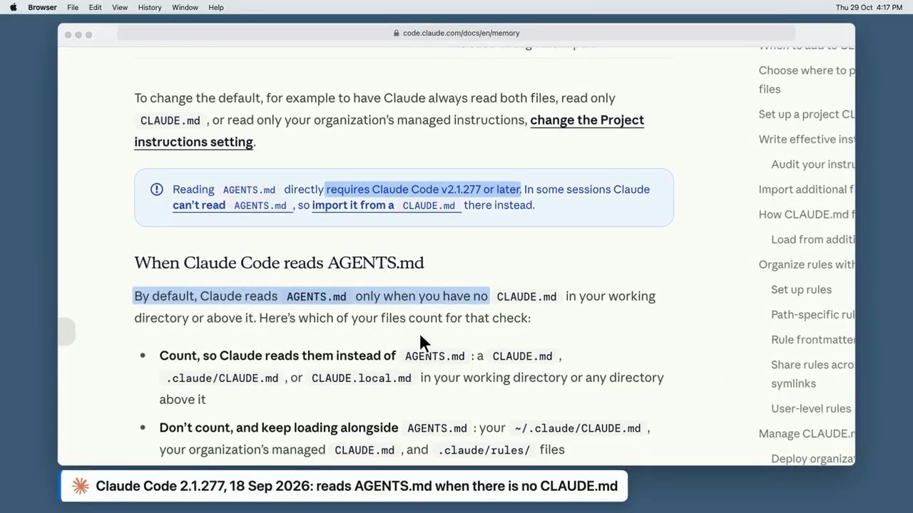 Trang docs code.claude.com/docs/en/memory: Reading AGENTS.md directly requires Claude Code v2.1.277 or later; By default, Claude reads AGENTS.md only when you have no CLAUDE.md