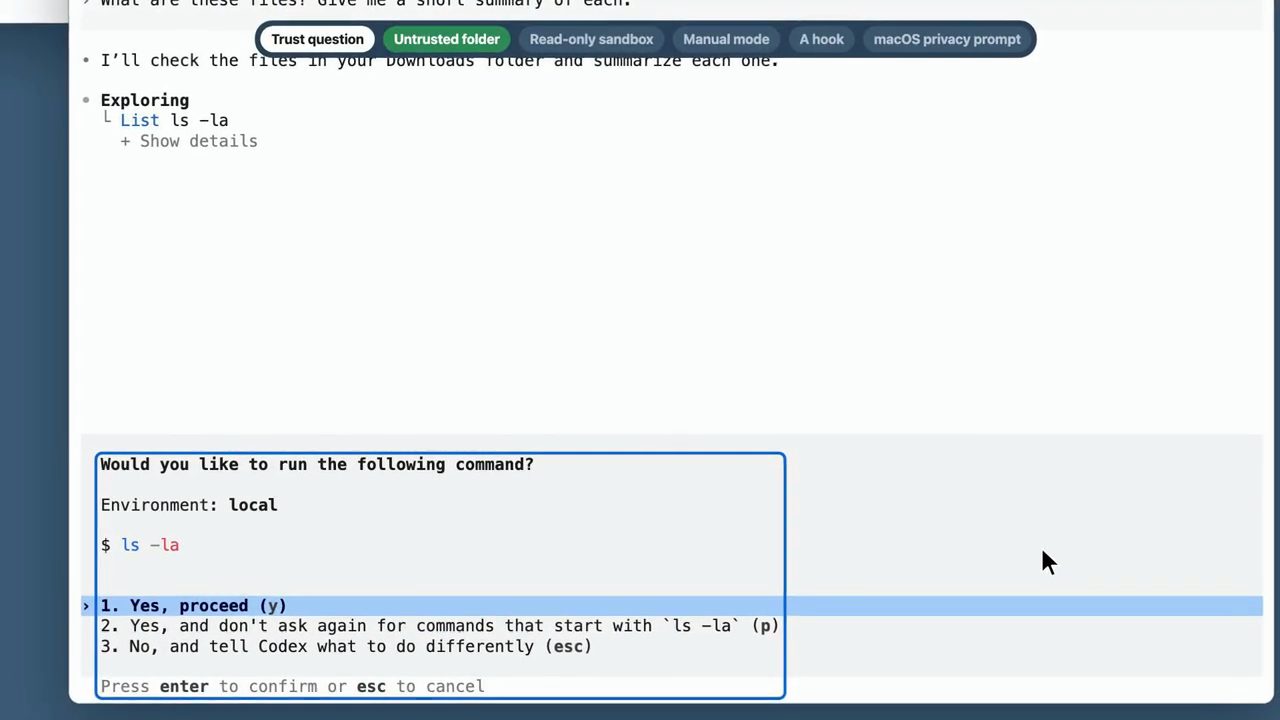 Codex ở thư mục untrusted hỏi Would you like to run the following command? ls -la với ba lựa chọn