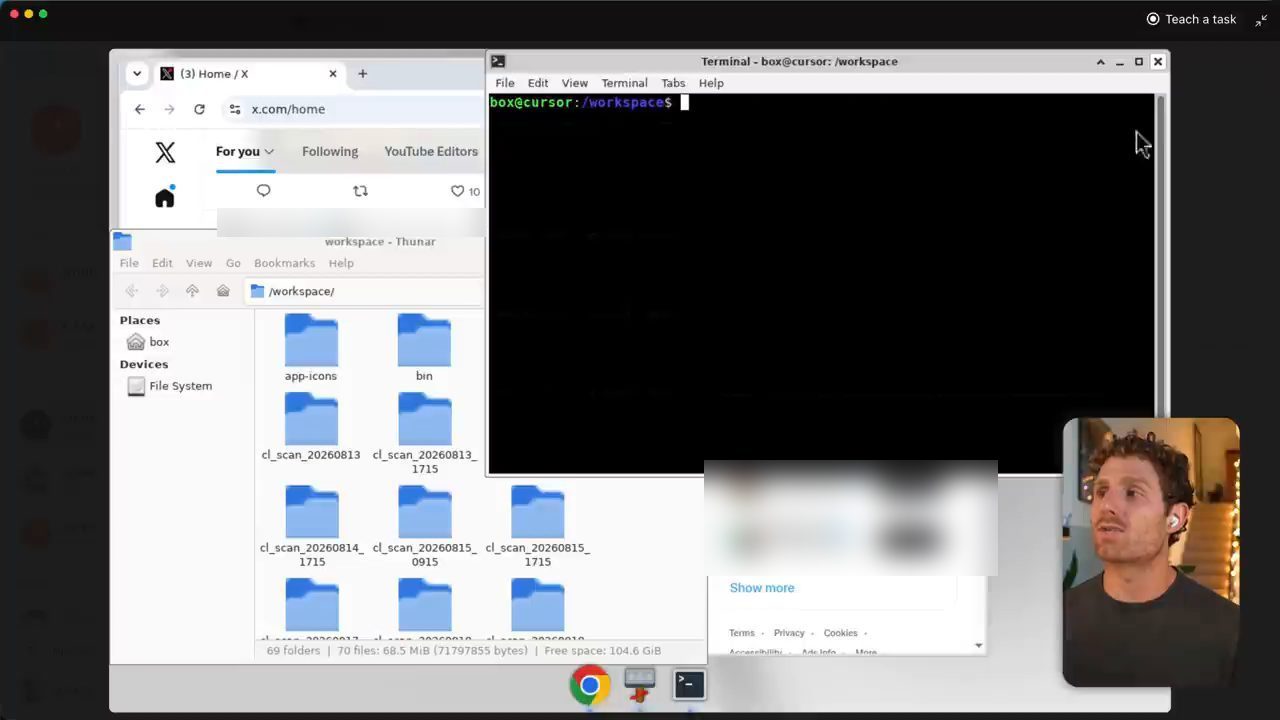 Màn hình máy tính cloud của Grok Bot với trình duyệt X, terminal và trình quản lý file