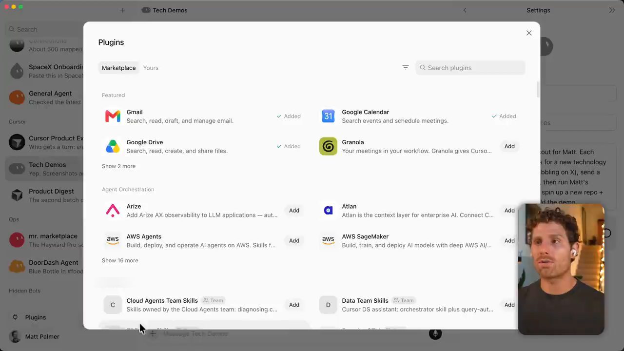 Cửa sổ Plugins Marketplace với Gmail, Google Calendar, Google Drive đã thêm và các plugin khác