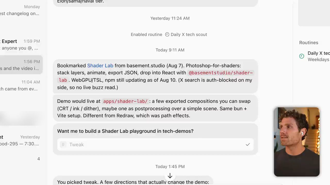 Bot Tech Demos đề xuất build một demo Shader Lab, có routine Daily X tech scout