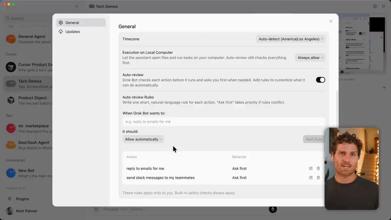 Settings General của Grok Bot với Auto-review và bảng Auto-review Rules