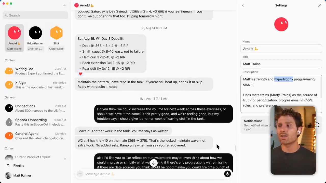 Bot Arnold với kế hoạch tập Day 3 Deadlift và phần Settings mô tả bot