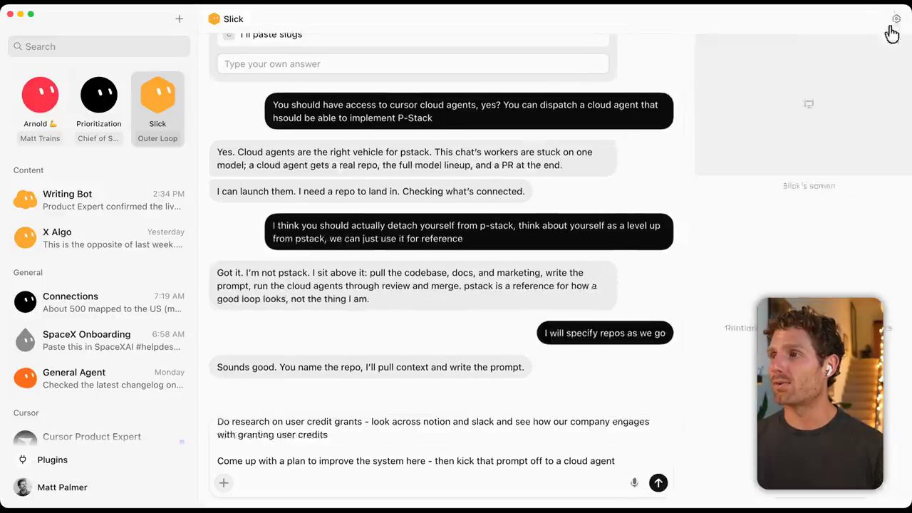 Bot Slick (Outer Loop) trao đổi về cloud agent và P-Stack, ô nhập có prompt về user credit grants
