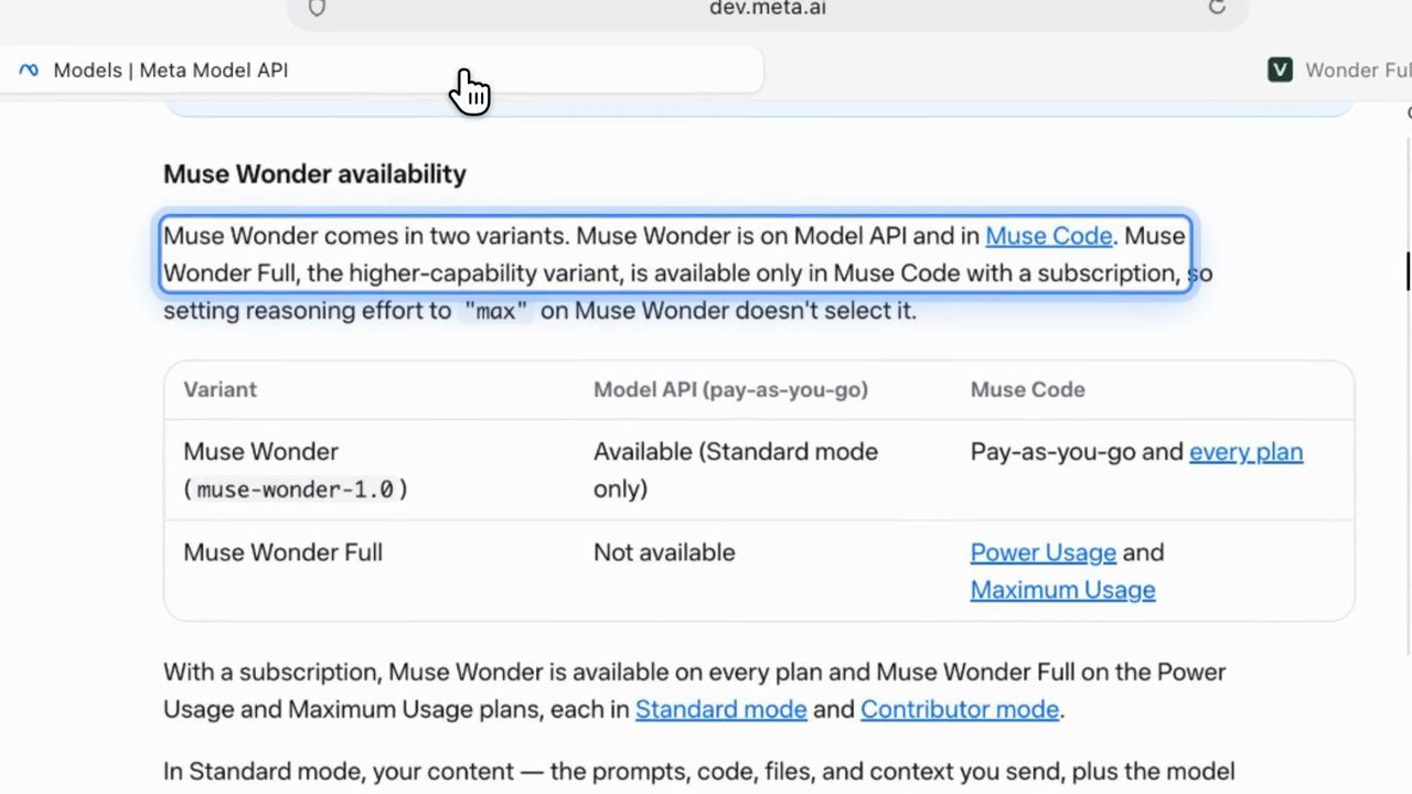 Trang Meta Model API, mục Muse Wonder availability với bảng hai biến thể