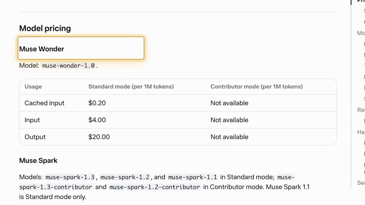 Bảng Model pricing của Muse Wonder: cached input $0.20, input $4.00, output $20.00 mỗi triệu token