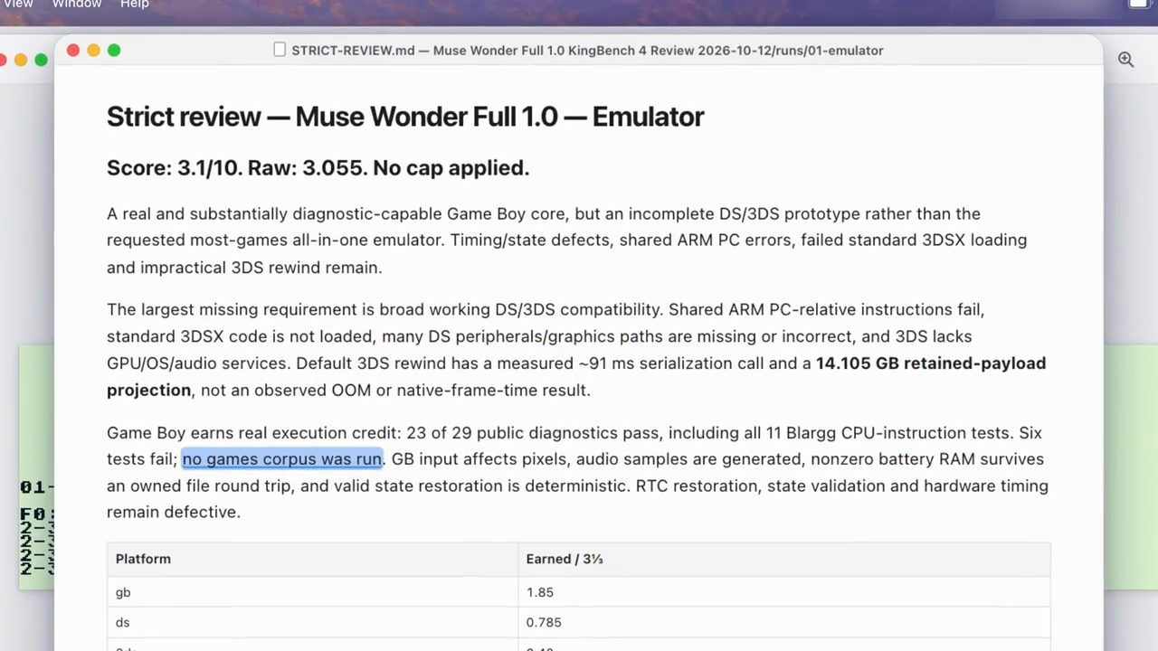 File STRICT-REVIEW.md cho emulator: Score 3.1/10, Raw 3.055, No cap applied