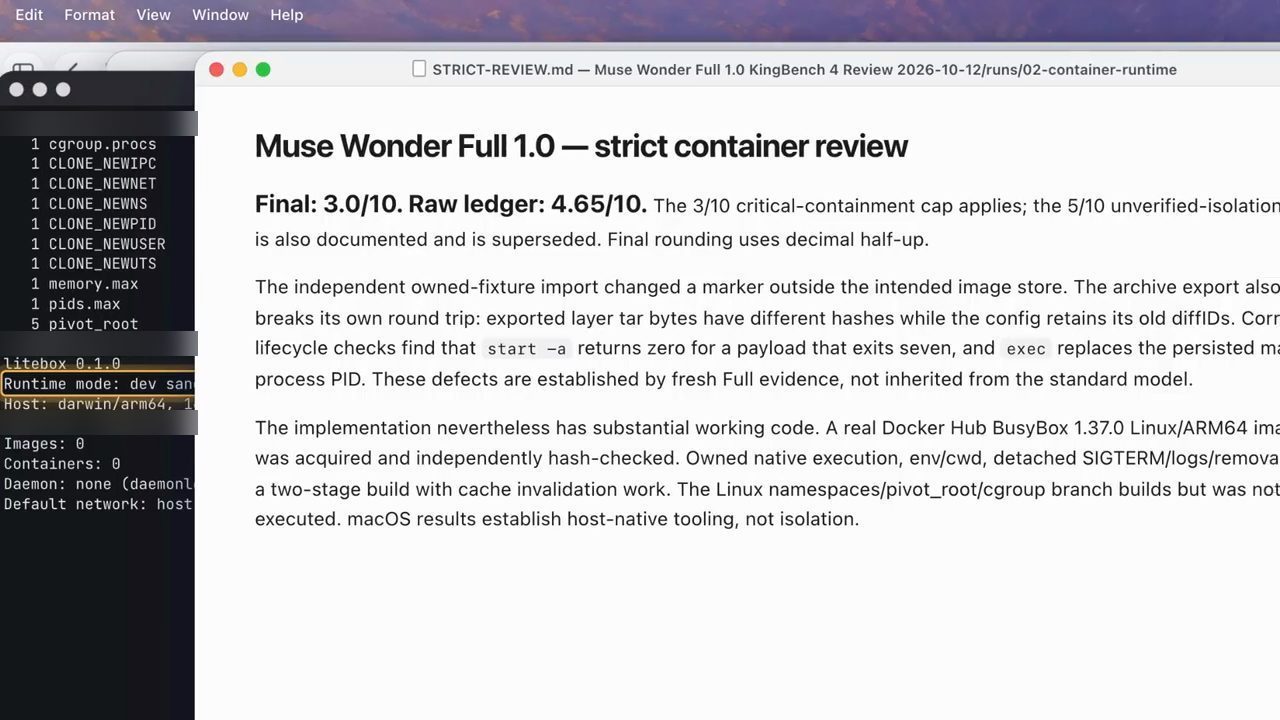 STRICT-REVIEW.md cho container: Final 3.0/10, Raw ledger 4.65/10, bên trái là terminal in thông tin litebox 0.1.0