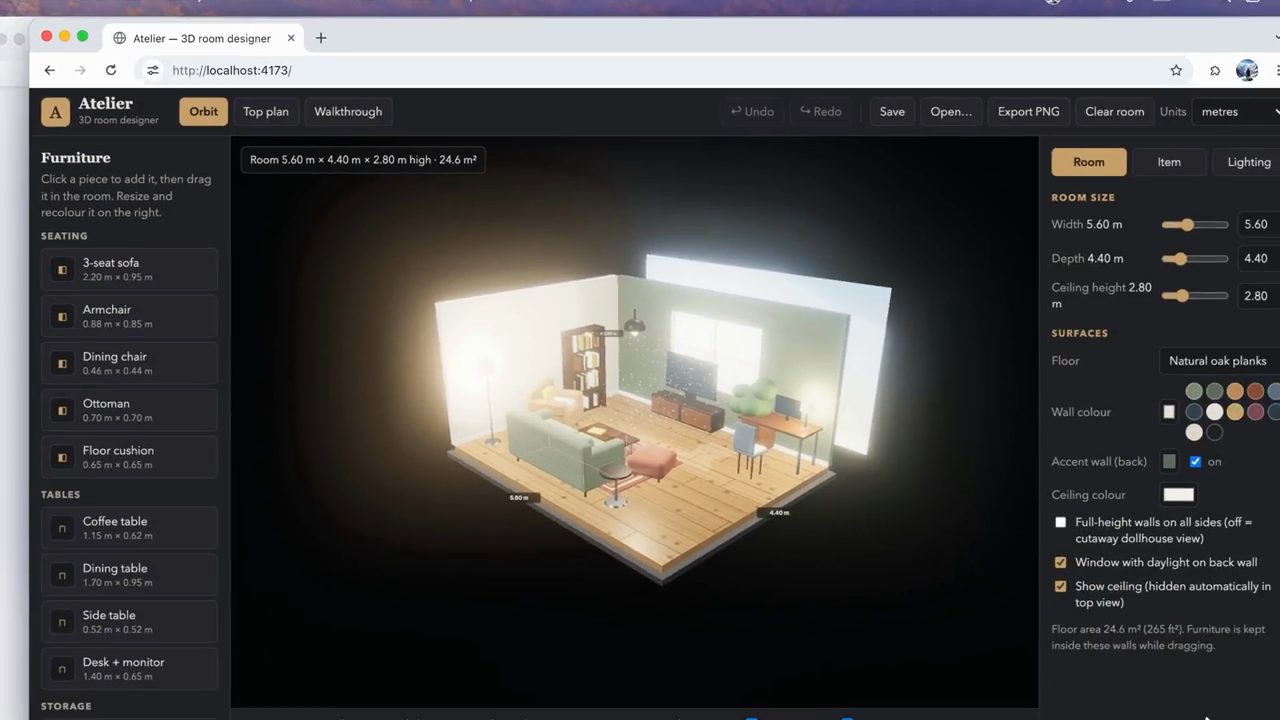 Atelier 3D room designer: catalog Furniture bên trái, phòng 3D ở giữa, bảng Room size bên phải