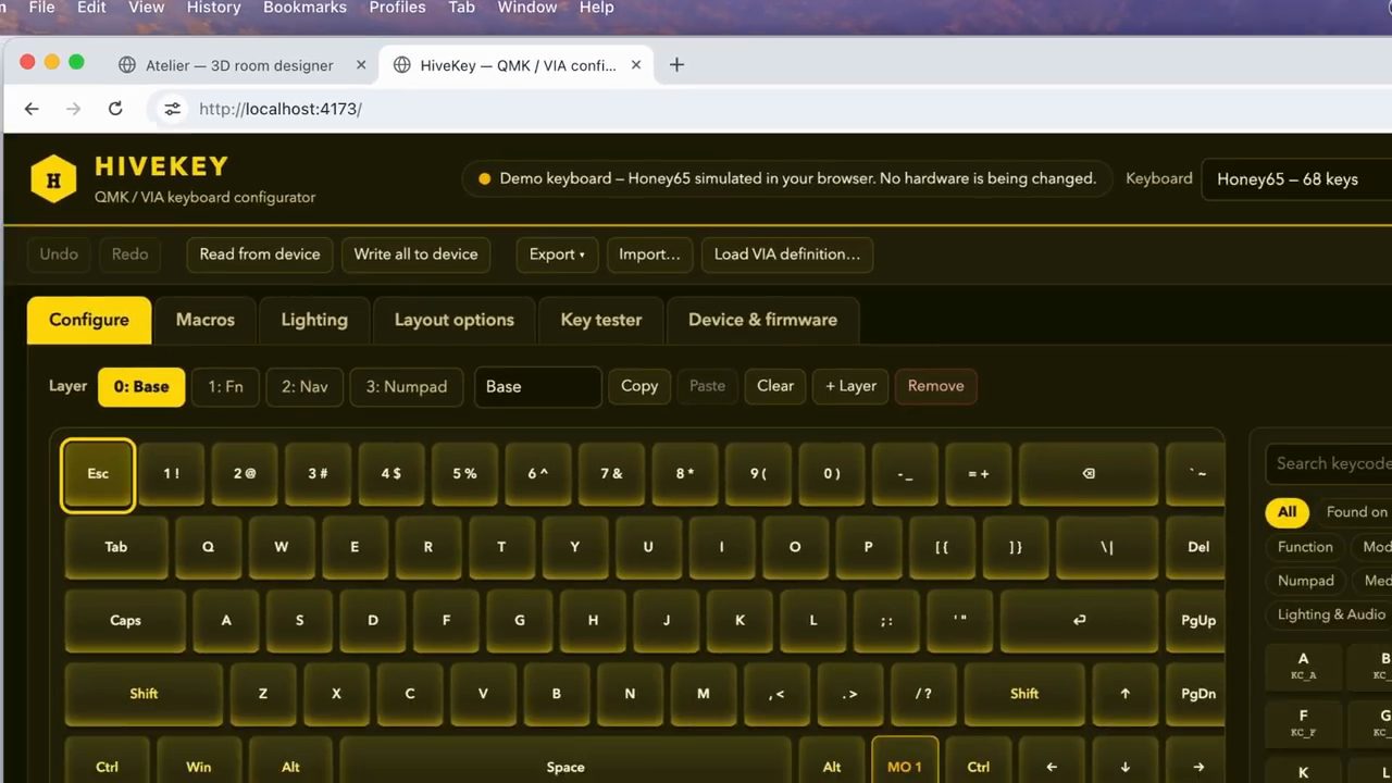 HiveKey QMK/VIA keyboard configurator với bàn phím demo Honey65 và các tab Configure, Macros, Lighting