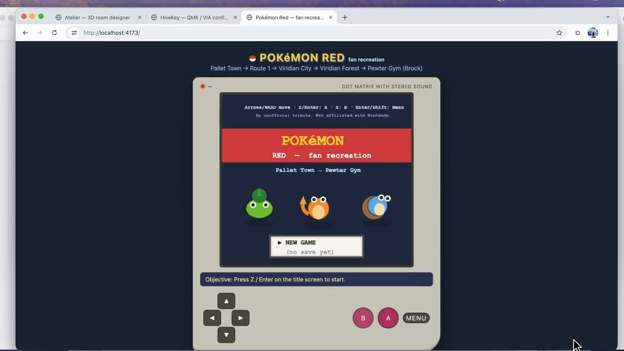 Màn hình tiêu đề Pokémon Red fan recreation trong khung máy kiểu Game Boy với nút New Game