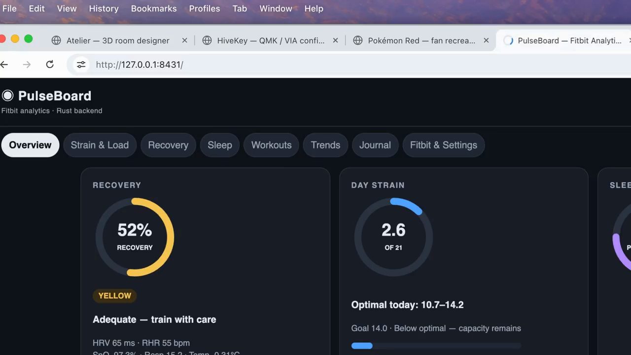 PulseBoard Fitbit analytics với thẻ Recovery 52% và Day Strain 2.6 of 21