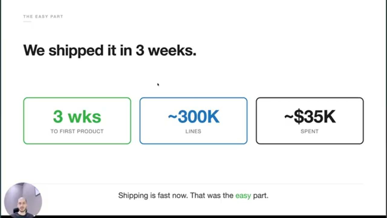 Slide We shipped it in 3 weeks với ba ô số: 3 wks, ~300K lines, ~$35K spent