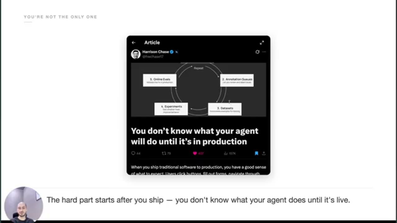 Slide You're not the only one với ảnh chụp một bài viết của Harrison Chase: You don't know what your agent will do until it's in production