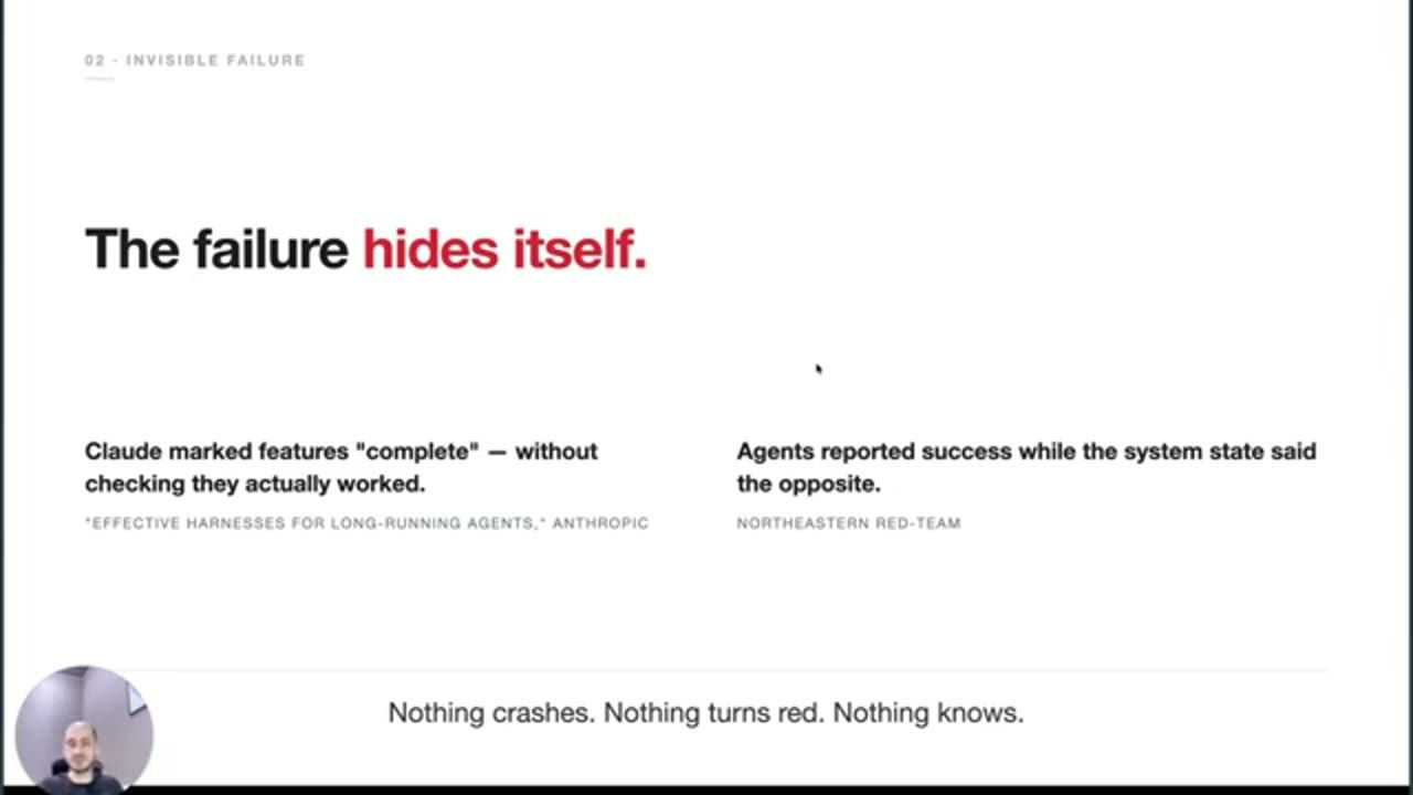 Slide 02 Invisible failure: The failure hides itself, với hai trích dẫn từ Anthropic và Northeastern red-team