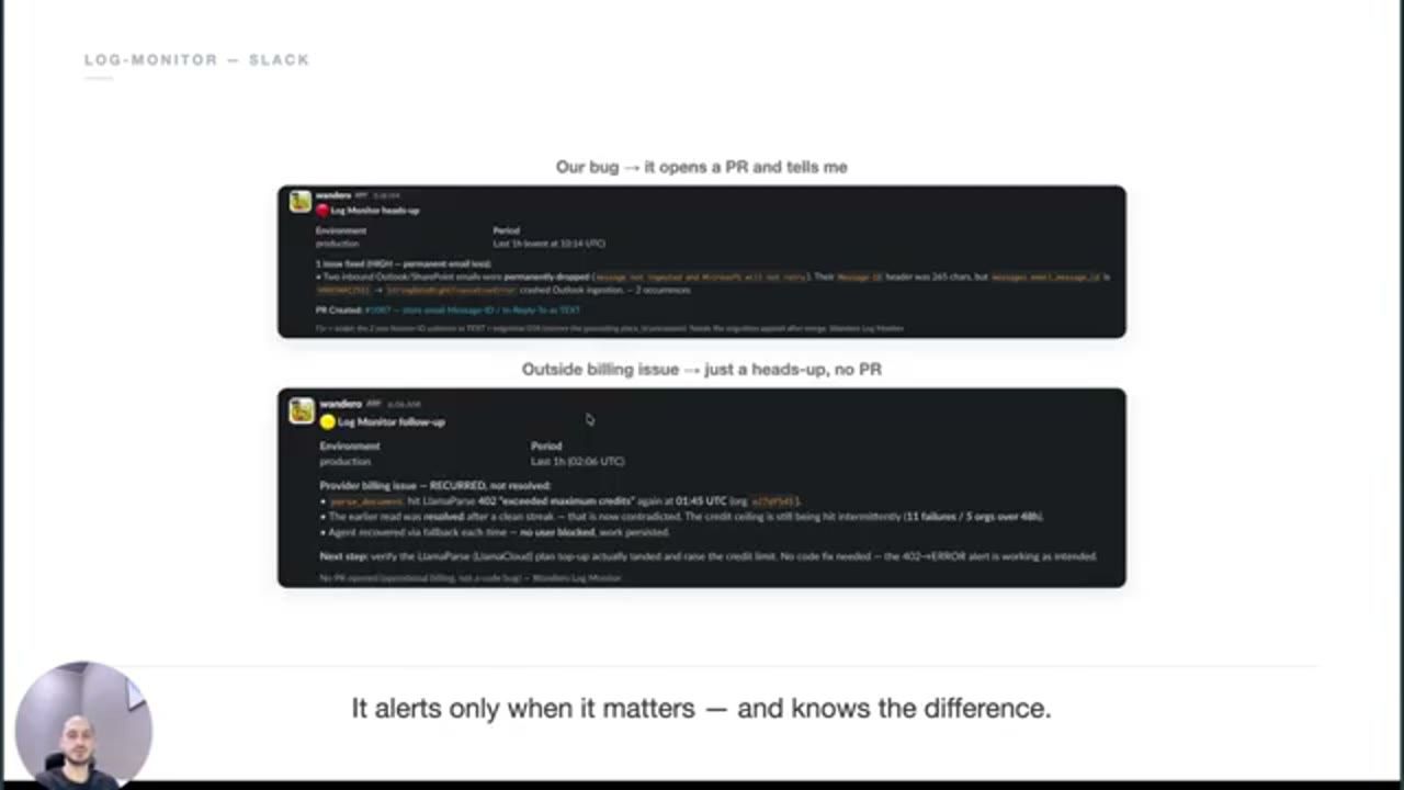 Slide Log-monitor, Slack: hai tin Slack, một Log Monitor heads-up có PR, một Log Monitor follow-up về billing không có PR