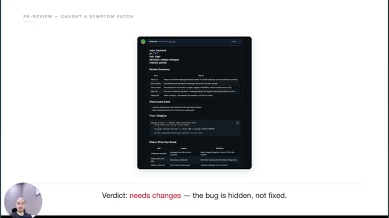 Slide PR-review, caught a symptom patch: một review với decision needs changes