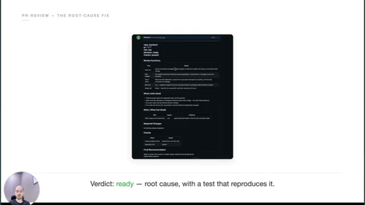 Slide PR-review, the root-cause fix: review với decision ready và checks passed