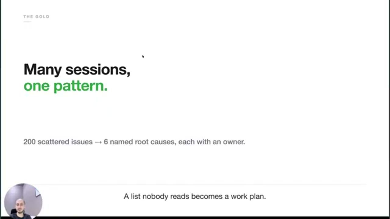 Slide The gold: Many sessions, one pattern. 200 scattered issues to 6 named root causes, each with an owner.