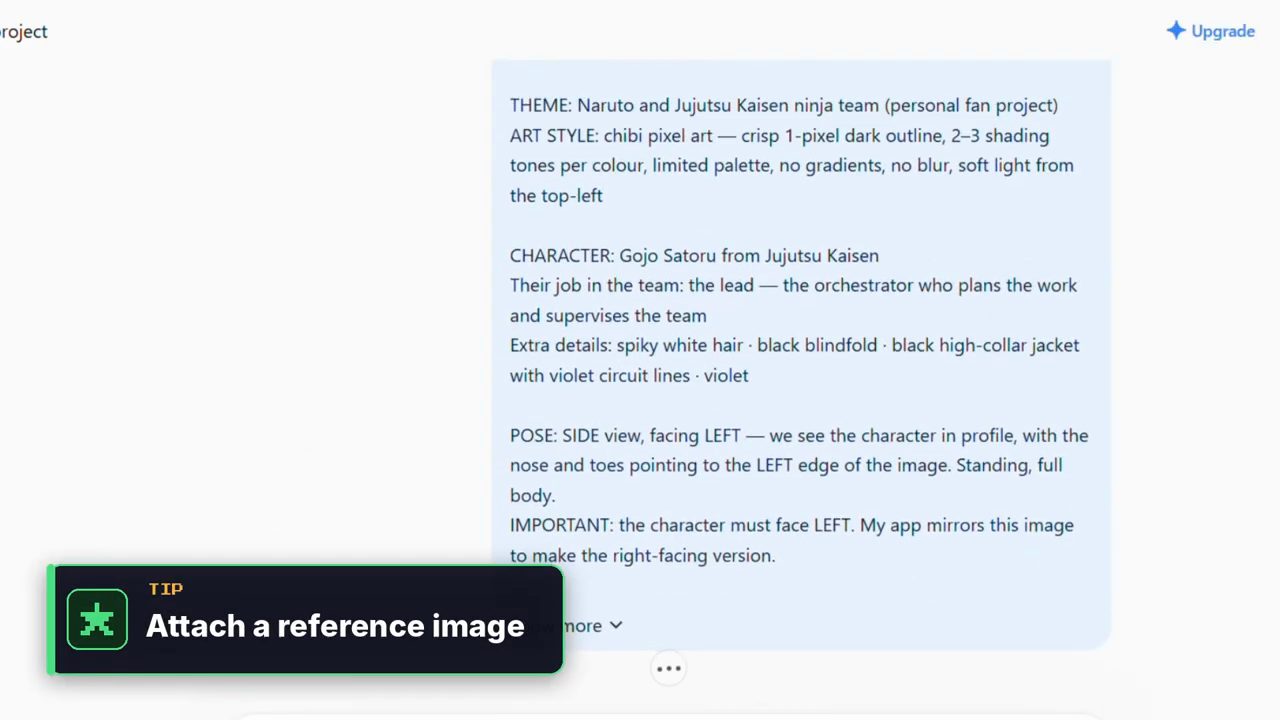 Prompt trong ChatGPT cho nhân vật Gojo Satoru, góc nghiêng quay sang trái, với thẻ Tip: Attach a reference image