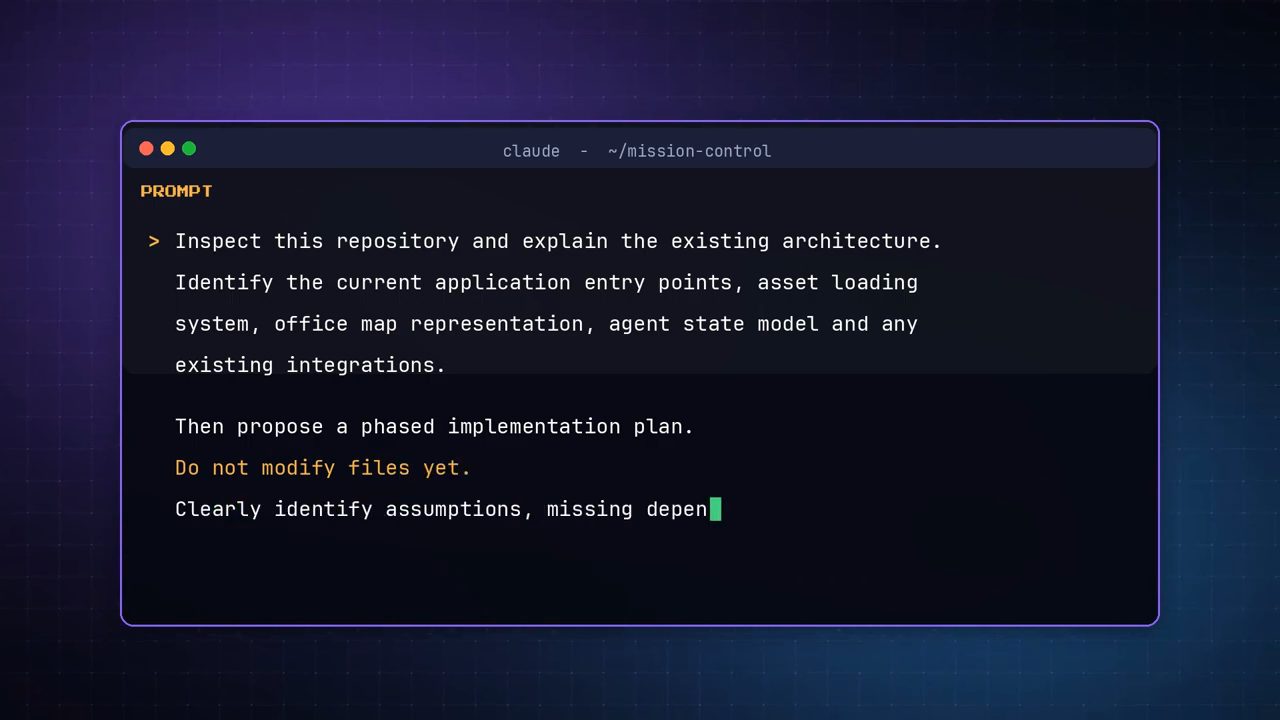 Cửa sổ terminal claude ở ~/mission-control với prompt Inspect this repository and explain the existing architecture