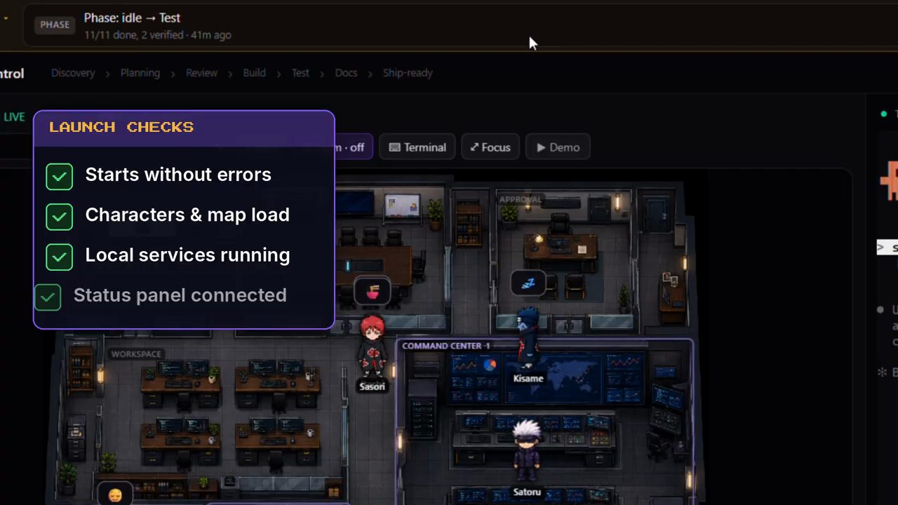Thẻ Launch checks đè lên văn phòng: Starts without errors, Characters and map load, Local services running, Status panel connected