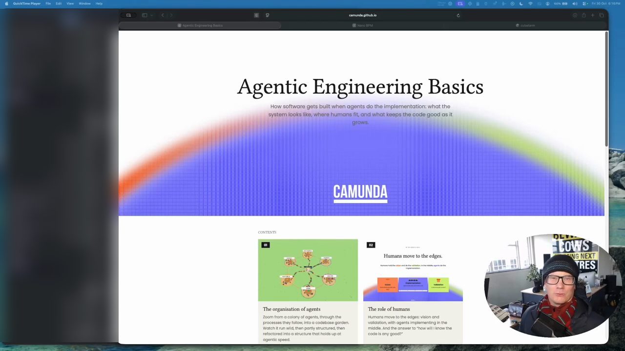 Trang Agentic Engineering Basics của Camunda trong trình duyệt, Josh Wulf ở góc dưới bên phải